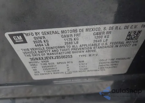 2018 Chevrolet Equinox Lt из США, поврежденный, VIN 3GNAXJEVXJS506253